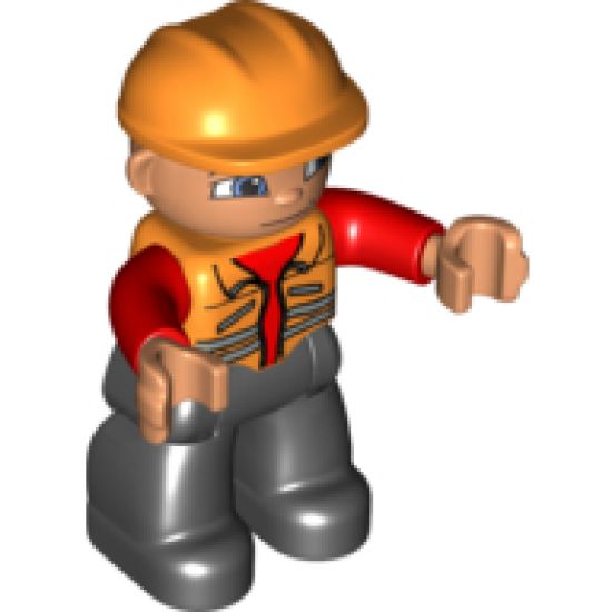 Duplo Figure Lego Ville, Male, Black Legs, Orange Vest, Orange Construction Helmet