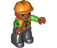 Duplo Figure Lego Ville, Male, Black Legs, Orange Vest, Orange Construction Helmet, Dark Skin