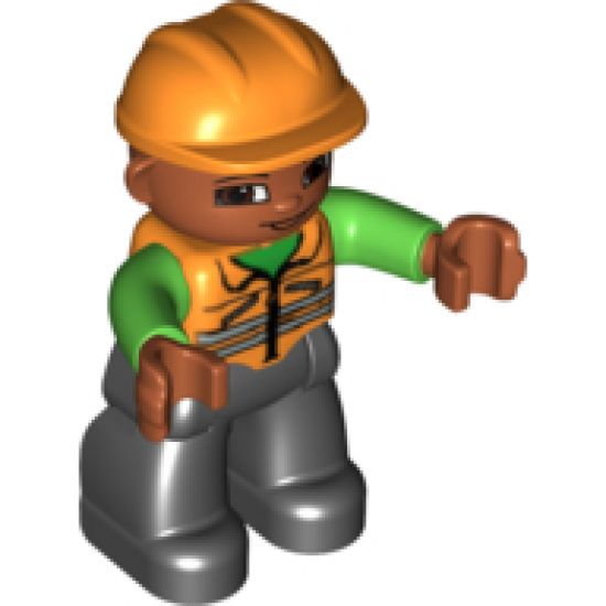 Duplo Figure Lego Ville, Male, Black Legs, Orange Vest, Orange Construction Helmet, Dark Skin