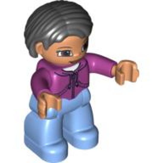 Duplo Figure Lego Ville, Female, Medium Blue Legs, Magenta Top, Black Hair, Brown Eyes