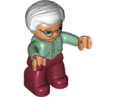 Duplo Figure Lego Ville, Female, Dark Red Legs, Sand Green Sweater, Very Light Gray Hair, Green Eyes, Glasses
