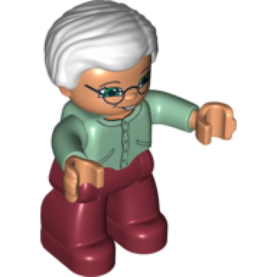 Duplo Figure Lego Ville, Female, Dark Red Legs, Sand Green Sweater, Very Light Gray Hair, Green Eyes, Glasses