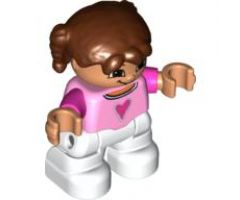 Duplo Figure Lego Ville, Child Girl, White Legs, Bright Pink Top, Dark Pink Arms, Reddish Brown Hair with Braids