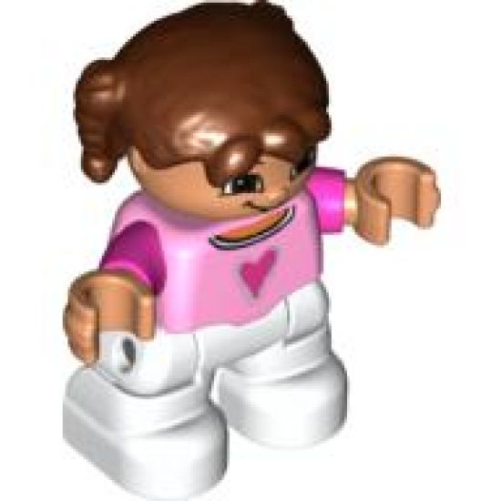 Duplo Figure Lego Ville, Child Girl, White Legs, Bright Pink Top, Dark Pink Arms, Reddish Brown Hair with Braids