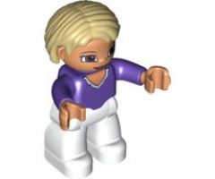 Duplo Figure Lego Ville, Female, White Legs, Dark Purple Top, Tan Hair, Brown Eyes