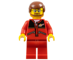 Red Jacket with Zipper Pockets and Classic Space Logo, Red Legs, Reddish Brown Male Hair