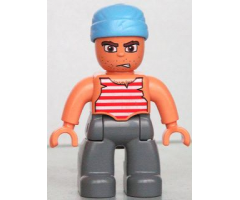 Duplo Figure Lego Ville, Male Pirate, Dark Bluish Gray Legs, Red and White White Striped Top, Medium Blue Cloth Wrap (Pirate)