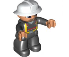 Duplo Figure Lego Ville, Male Fireman, Black Legs, Nougat Hands, White Helmet, Light Gray Moustache