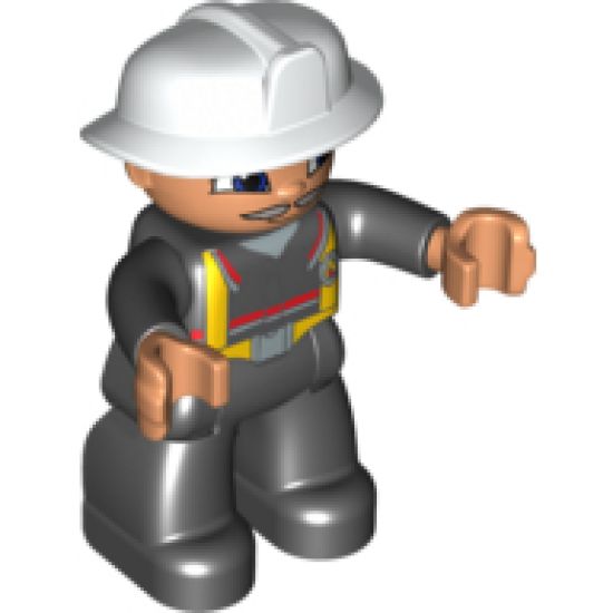 Duplo Figure Lego Ville, Male Fireman, Black Legs, Nougat Hands, White Helmet, Light Gray Moustache