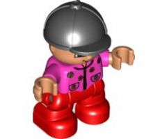 Duplo Figure Lego Ville, Child Girl, Red Legs, Dark Pink Top with Flowers, Black Riding Helmet