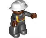 Duplo Figure Lego Ville, Male Fireman, Black Legs, Brown Hands, White Helmet, Brown Face
