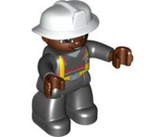 Duplo Figure Lego Ville, Male Fireman, Black Legs, Brown Hands, White Helmet, Brown Face