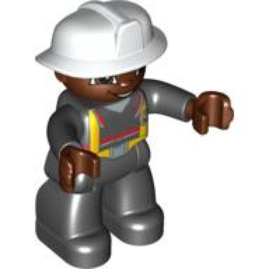 Duplo Figure Lego Ville, Male Fireman, Black Legs, Brown Hands, White Helmet, Brown Face