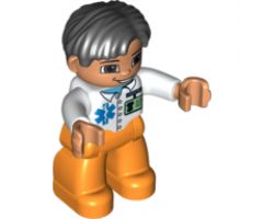 Duplo Figure Lego Ville, Male Medic, Orange Legs, White Top with ID Badge and EMT Star of Life Pattern, Black Hair, Brown Eyes