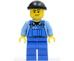 Overalls with Tools in Pocket Blue, Black Knit Cap, Smirk and Stubble Beard