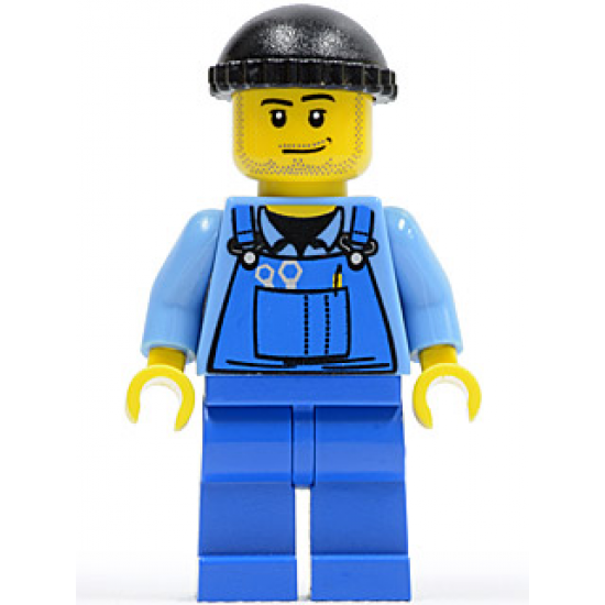 Overalls with Tools in Pocket Blue, Black Knit Cap, Smirk and Stubble Beard