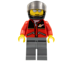 Red Jacket with Zipper Pockets and Classic Space Logo, Dark Bluish Gray Legs, Black Helmet, Silver Sunglasses