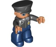 Duplo Figure Lego Ville, Male Police, Dark Blue Legs, Black Top with Badge, Black Arms, Black Hat, Blue Eyes