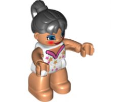 Duplo Figure Lego Ville, Female Tightrope Walker, Light Nougat Legs, White Top with Stars, Black Ponytail Hair, Blue Eyes