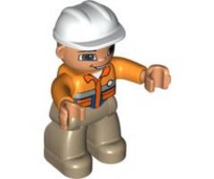 Duplo Figure Lego Ville, Male, Dark Tan Legs, Orange Shirt, Brown Eyes, White Construction Helmet, White Button
