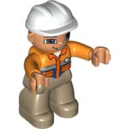 Duplo Figure Lego Ville, Male, Dark Tan Legs, Orange Shirt, Brown Eyes, White Construction Helmet, White Button