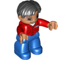 Duplo Figure Lego Ville, Male, Blue Legs, Red Shirt with Pockets and Name Tag, Black Hair, Brown Eyes, Nougat Hands