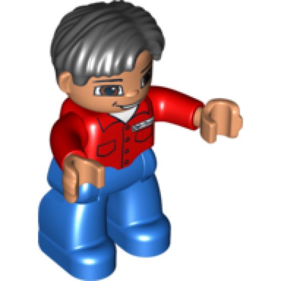 Duplo Figure Lego Ville, Male, Blue Legs, Red Shirt with Pockets and Name Tag, Black Hair, Brown Eyes, Nougat Hands