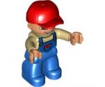 Duplo Figure Lego Ville, Male, Blue Legs, Tan Top with Blue Overalls, Red Baseball Cap