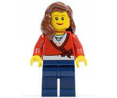 Sweater Cropped with Bow, Heart Necklace, Dark Blue Legs, Reddish Brown Female Hair over Shoulder