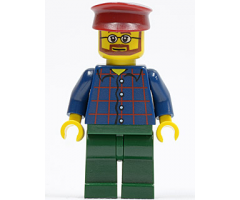 Plaid Button Shirt, Dark Green Legs, Dark Red Hat, Glasses, Reddish Brown Beard (Carousel Operator)