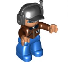 Duplo Figure Lego Ville, Male, Blue Legs, Brown Top with ID Badge, Black Cap with Headset