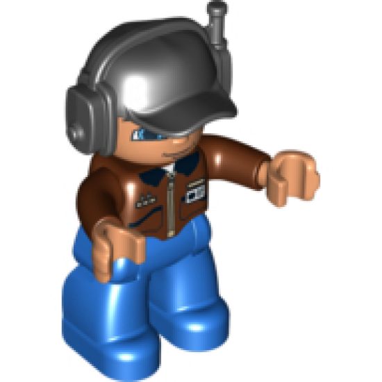Duplo Figure Lego Ville, Male, Blue Legs, Brown Top with ID Badge, Black Cap with Headset