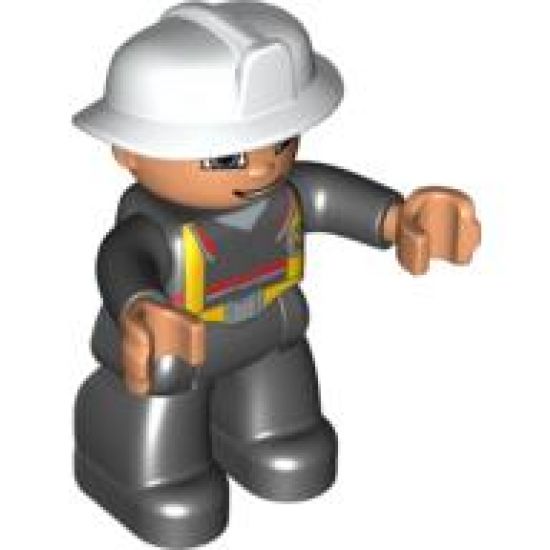 Duplo Figure Lego Ville, Male Fireman, Black Legs, Nougat Hands, White Helmet, Blue Eyes