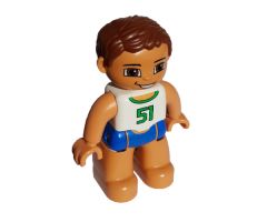 Duplo Figure Lego Ville, Male, Blue Swim Trunks, White Top with Green '51', Reddish Brown Hair