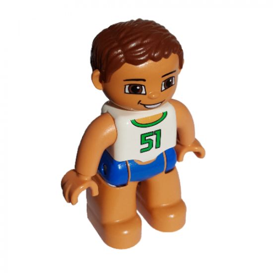 Duplo Figure Lego Ville, Male, Blue Swim Trunks, White Top with Green '51', Reddish Brown Hair