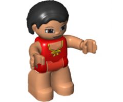 Duplo Figure Lego Ville, Female, Red Swimsuit with Yellow Bow, Black Hair