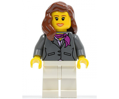Dark Bluish Gray Jacket with Magenta Scarf, White Legs, Reddish Brown Female Hair over Shoulder
