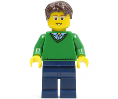 Green V-Neck Sweater, Dark Blue Legs, Dark Brown Short Tousled Hair, Glasses