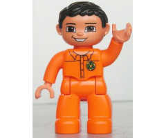 Duplo Figure Lego Ville, Male, Orange Legs, Nougat Hands, Orange Top with Recycle Logo, Black Hair, Brown Eyes