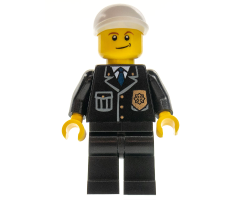 Police - City Suit with Blue Tie and Badge, Black Legs, White Short Bill Cap, Crooked Smile