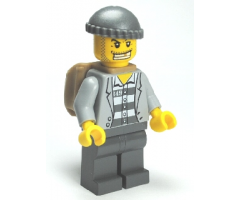 Police - Jail Prisoner Jacket over Prison Stripes, Dark Bluish Gray Legs, Dark Bluish Gray Knit Cap, Gold Tooth, Backpack