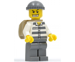 Police - Jail Prisoner 50380 Prison Stripes, Dark Bluish Gray Legs, Dark Bluish Gray Knit Cap, Gold Tooth, Backpack