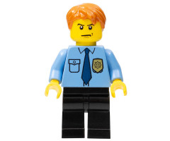 Police - City Shirt with Dark Blue Tie and Gold Badge, Black Legs, Dark Orange Short Tousled Hair
