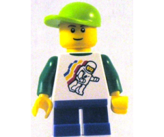 Classic Space Minifigure Floating Pattern, Blue Short Legs, Lime Short Bill Cap (Undetermined Eyebrows)