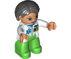 Duplo Figure Lego Ville, Female, Medic, Bright Green Legs, White Top with ID Badge and EMT Star of Life Pattern, Black Hair, Brown Eyes