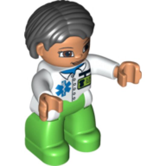 Duplo Figure Lego Ville, Female, Medic, Bright Green Legs, White Top with ID Badge and EMT Star of Life Pattern, Black Hair, Brown Eyes