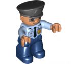Duplo Figure Lego Ville, Male Police, Dark Blue Legs, Light Blue Top with Badge and Tie, Nougat Hands, Black Hat