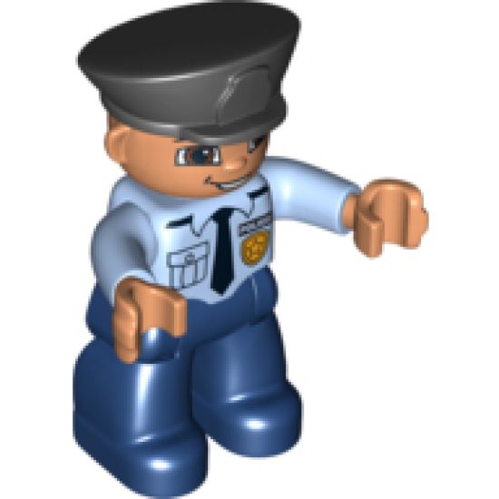 Duplo Figure Lego Ville, Male Police, Dark Blue Legs, Light Blue Top with Badge and Tie, Nougat Hands, Black Hat