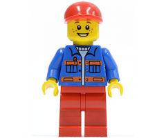 Blue Jacket with Pockets and Orange Stripes, Red Legs, Red Short Bill Cap