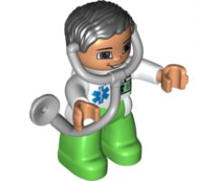 Duplo Figure Lego Ville, Male Medic, Bright Green Legs, White Top with ID Badge and EMT Star of Life Pattern, Attached Stethoscope